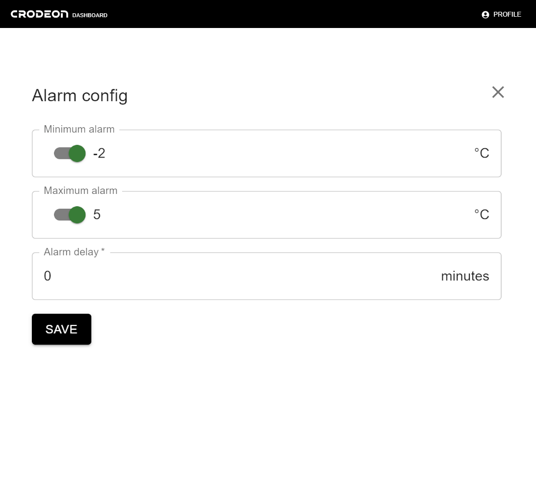 configure alarm on Crodeon Dashboard